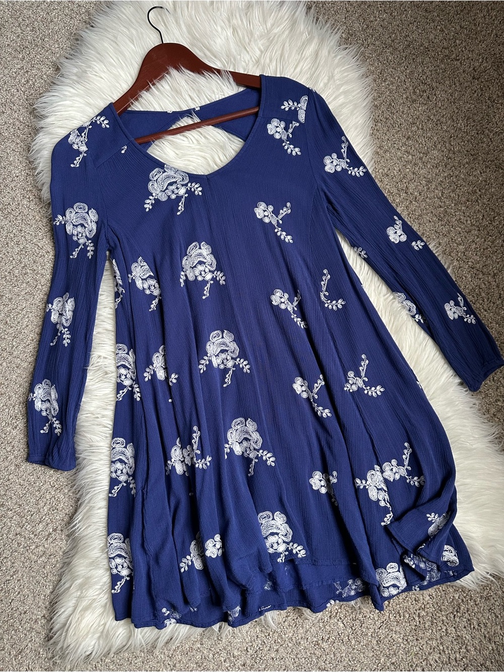 Altar'd State Navy Blue Floral Long-Sleeve Swing Dress
